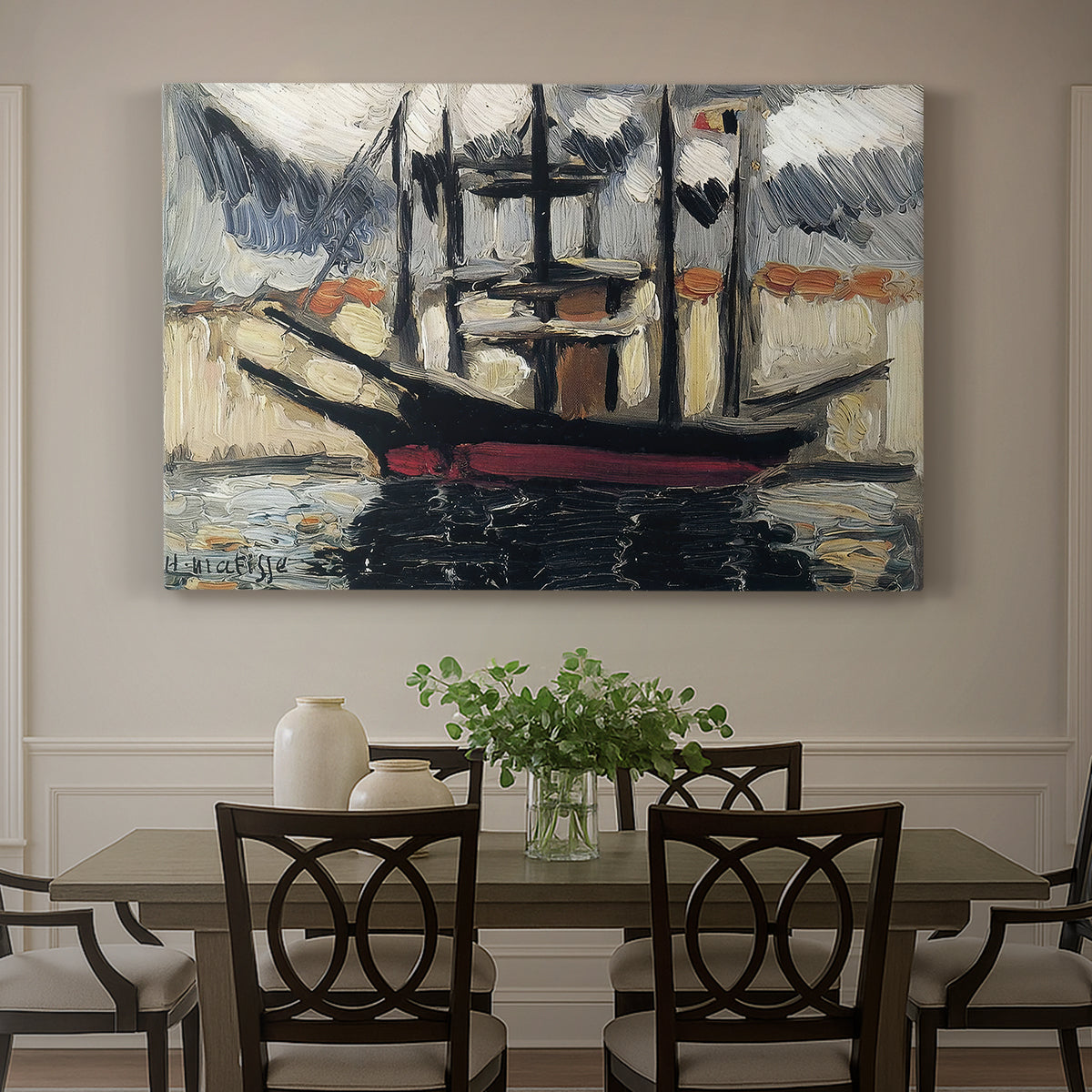 Canvas art print featuring two boats moored side by side with masts, showcased as a statement wall artwork