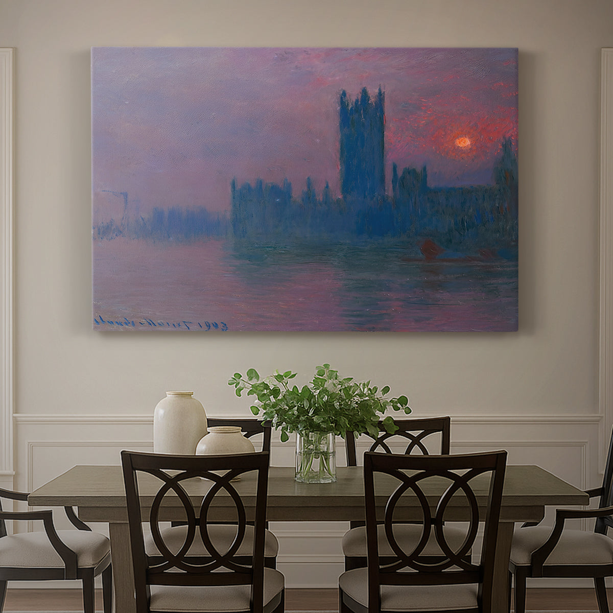 Canvas art print featuring a silhouette of Parliament buildings against glowing sunset across river, showcased as a statement wall artwork