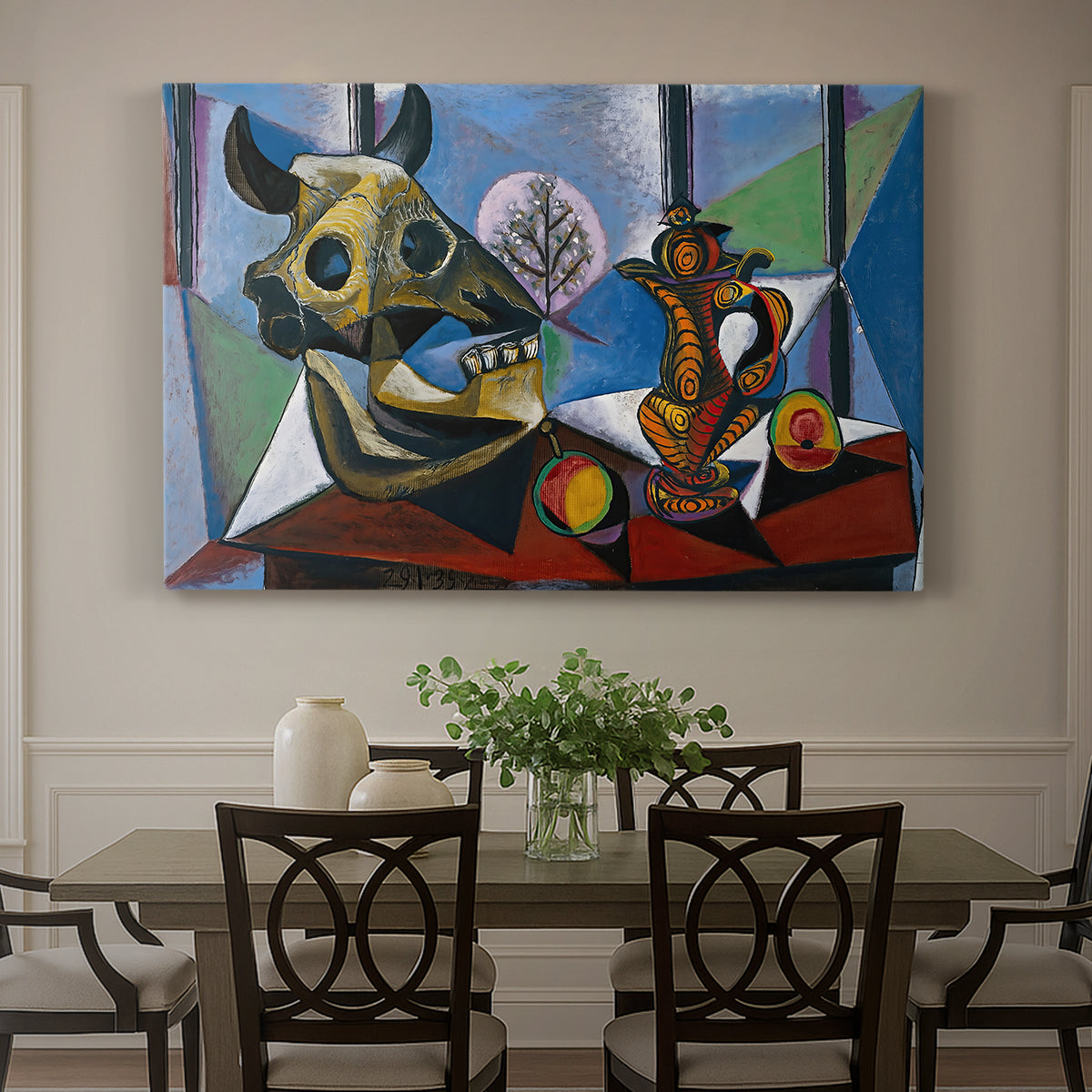 Canvas art print featuring a bull skull arranged with objects in angular cubist still life, showcased as a statement wall artwork
