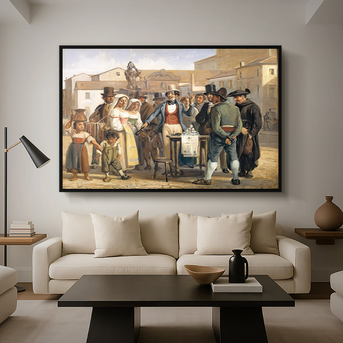 A Charlatan Selling Blacking in the Piazza Barberini in Rome, c. 1840-1849 - Floater Framed Canvas Print