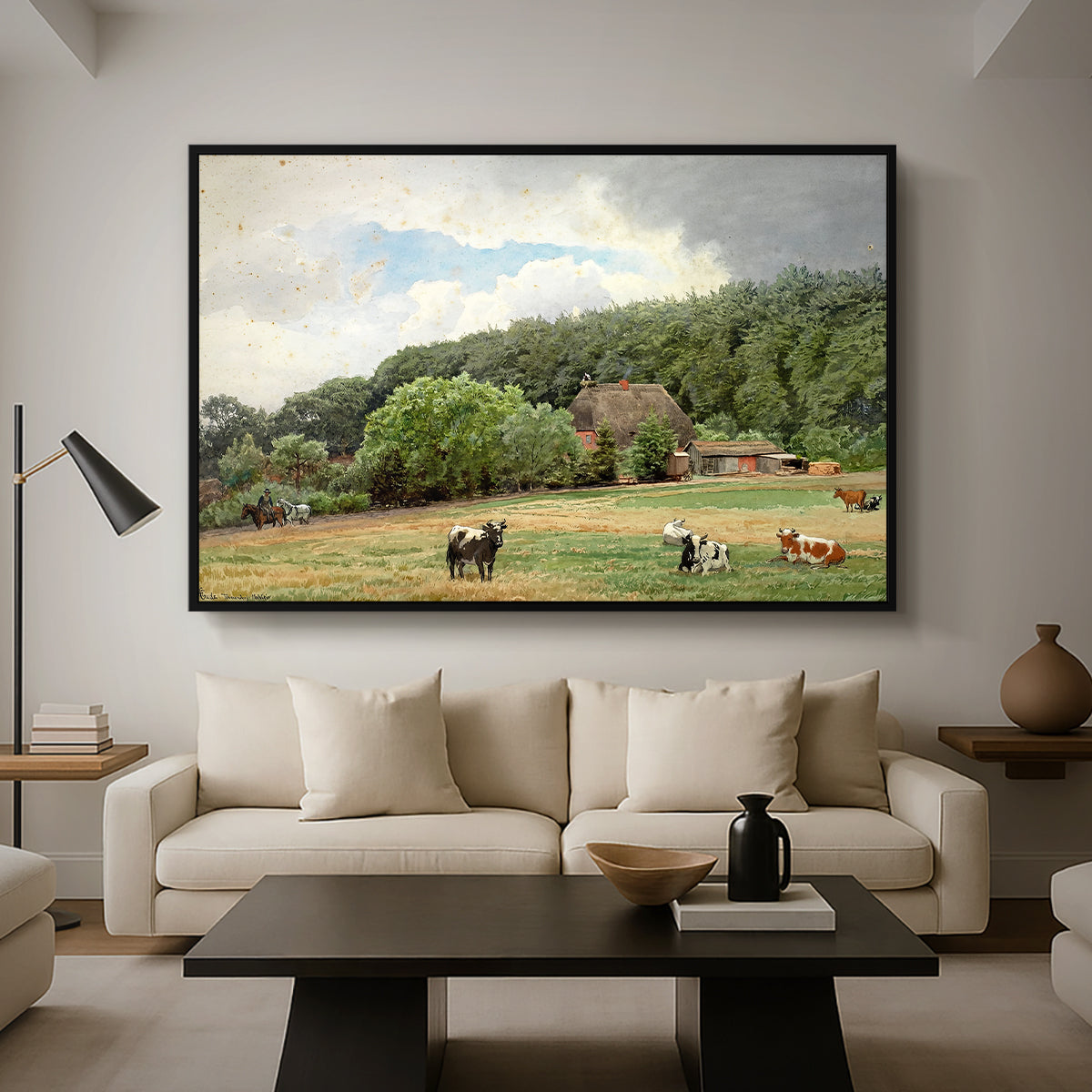 Farm with Grazing Cows (Bondegård med beitende kuer), 1892 - Floater Framed Canvas Print