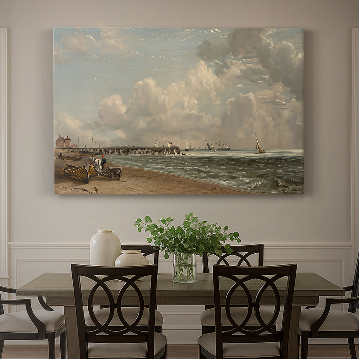 Canvas art print featuring a wooden jetty extending into sea with open horizon, showcased as a statement wall artwork