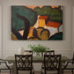 Canvas art print featuring simplified houses and trees arranged in a geometric landscape, showcased as a statement wall artwork