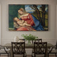 Canvas art print featuring a Madonna cradling child in close devotional scene with rich blue and red garments, showcased as a statement wall artwork