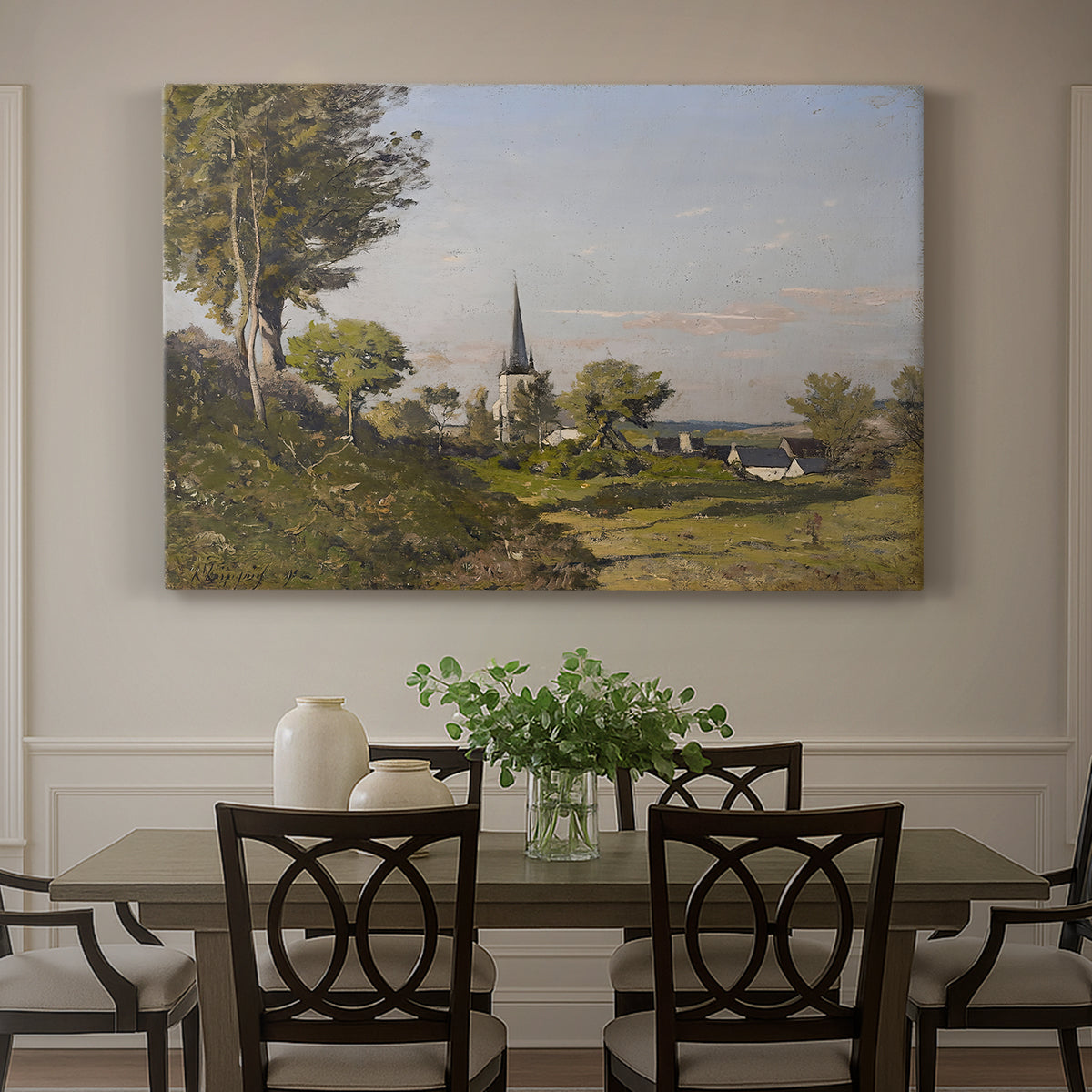 Canvas art print featuring a rural village with church surrounded by trees and open land, showcased as a statement wall artwork