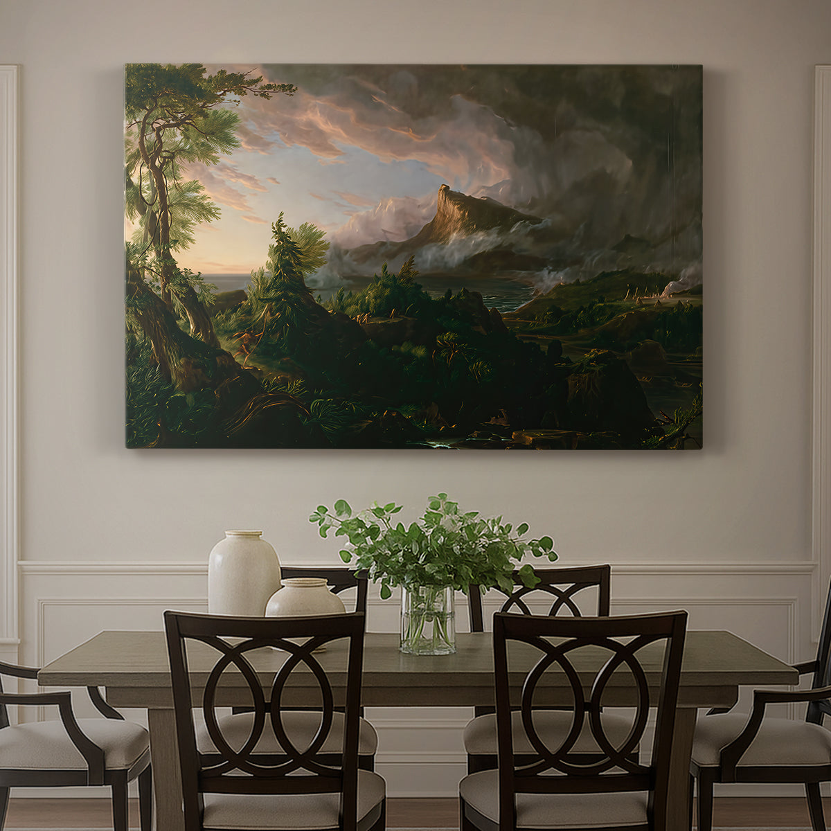 Canvas art print featuring an untamed wilderness landscape with scattered figures and primitive activity, showcased as a statement wall artwork