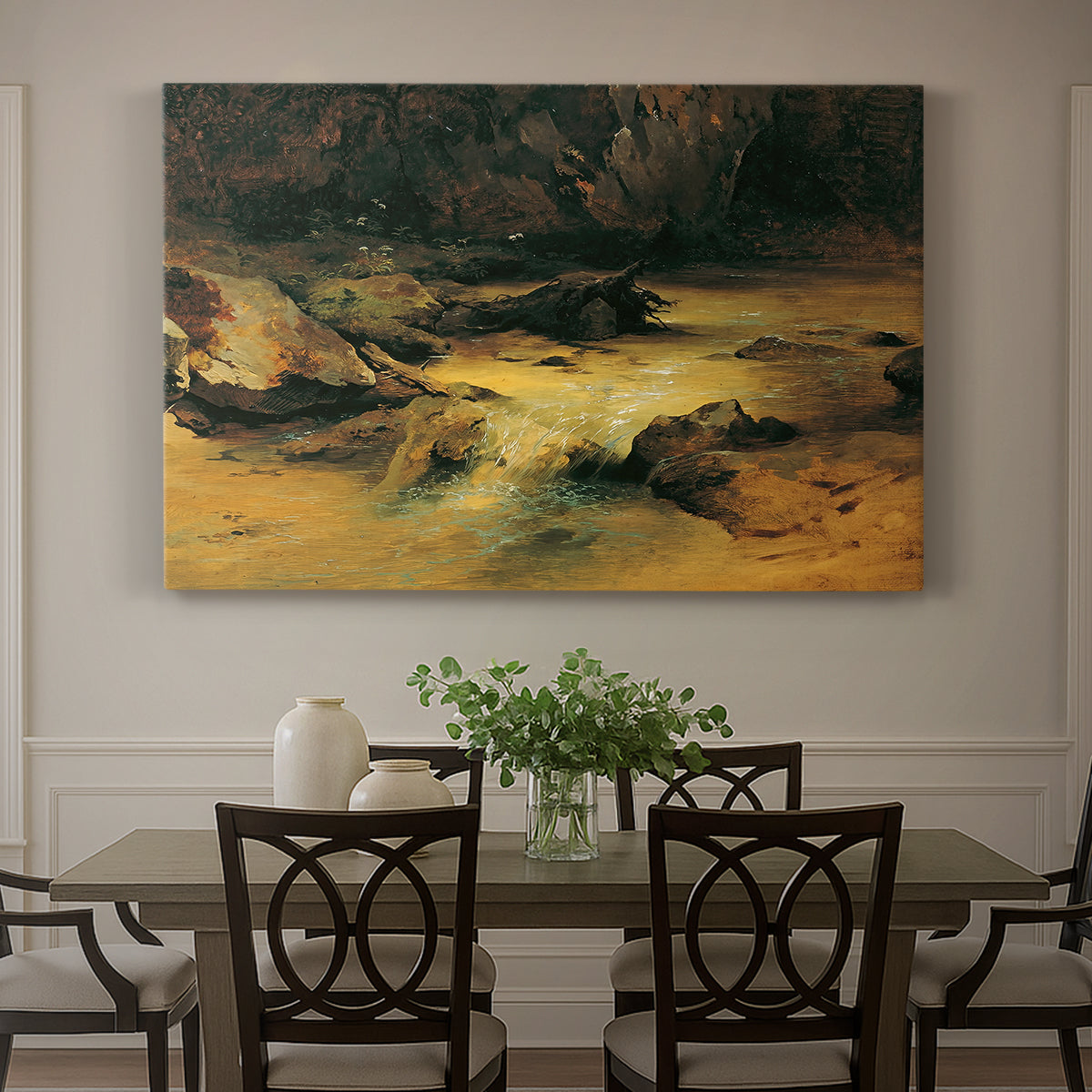 Canvas art print featuring a mountain stream flowing through rocky terrain, showcased as a statement wall artwork