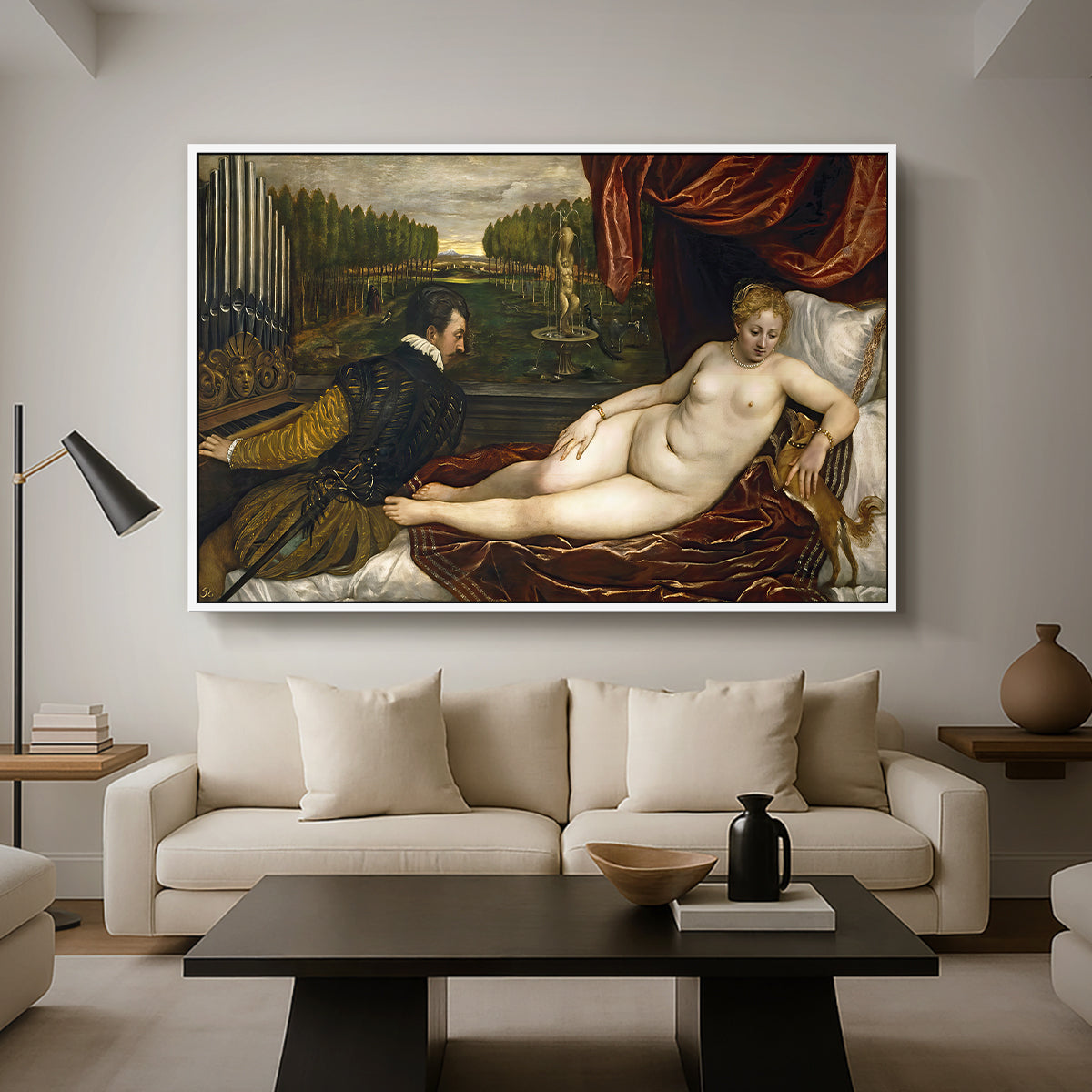 Venus with an Organist and a Dog, c. 1550 - Floater Framed Canvas Print