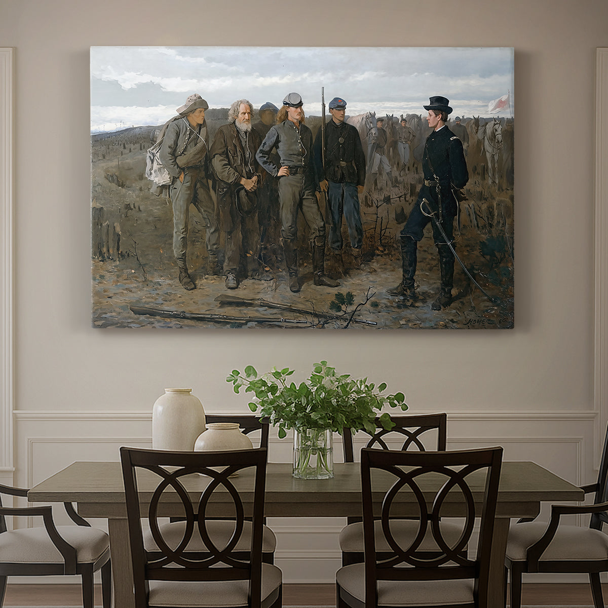 Canvas art print featuring a group of soldiers standing together in outdoor setting with guarded figures, showcased as a statement wall artwork