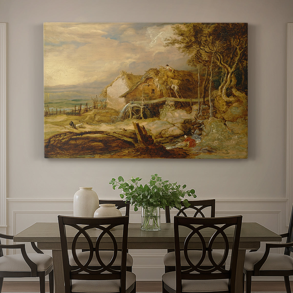 Canvas art print featuring a watermill structure beside flowing stream in rural landscape, showcased as a statement wall artwork