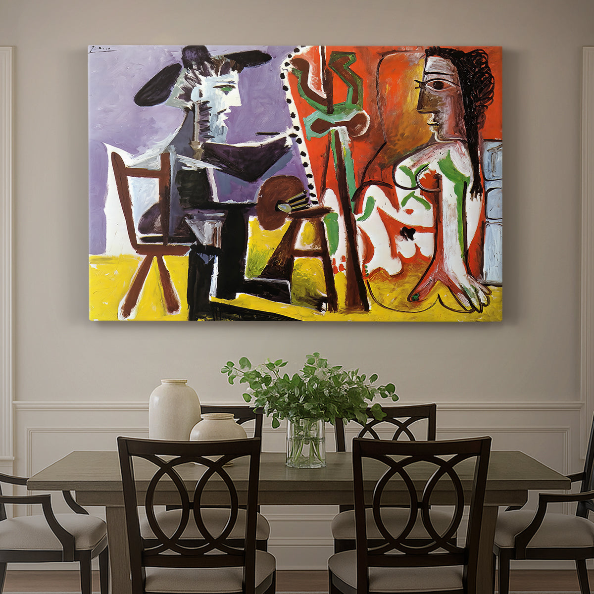 Canvas art print featuring an artist and model in interior using fragmented geometric forms, showcased as a statement wall artwork