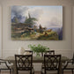 Canvas art print featuring a farmhouse with livestock set within mountainous alpine landscape, showcased as a statement wall artwork