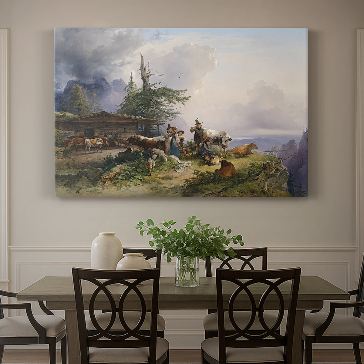Canvas art print featuring a farmhouse with livestock set within mountainous alpine landscape, showcased as a statement wall artwork
