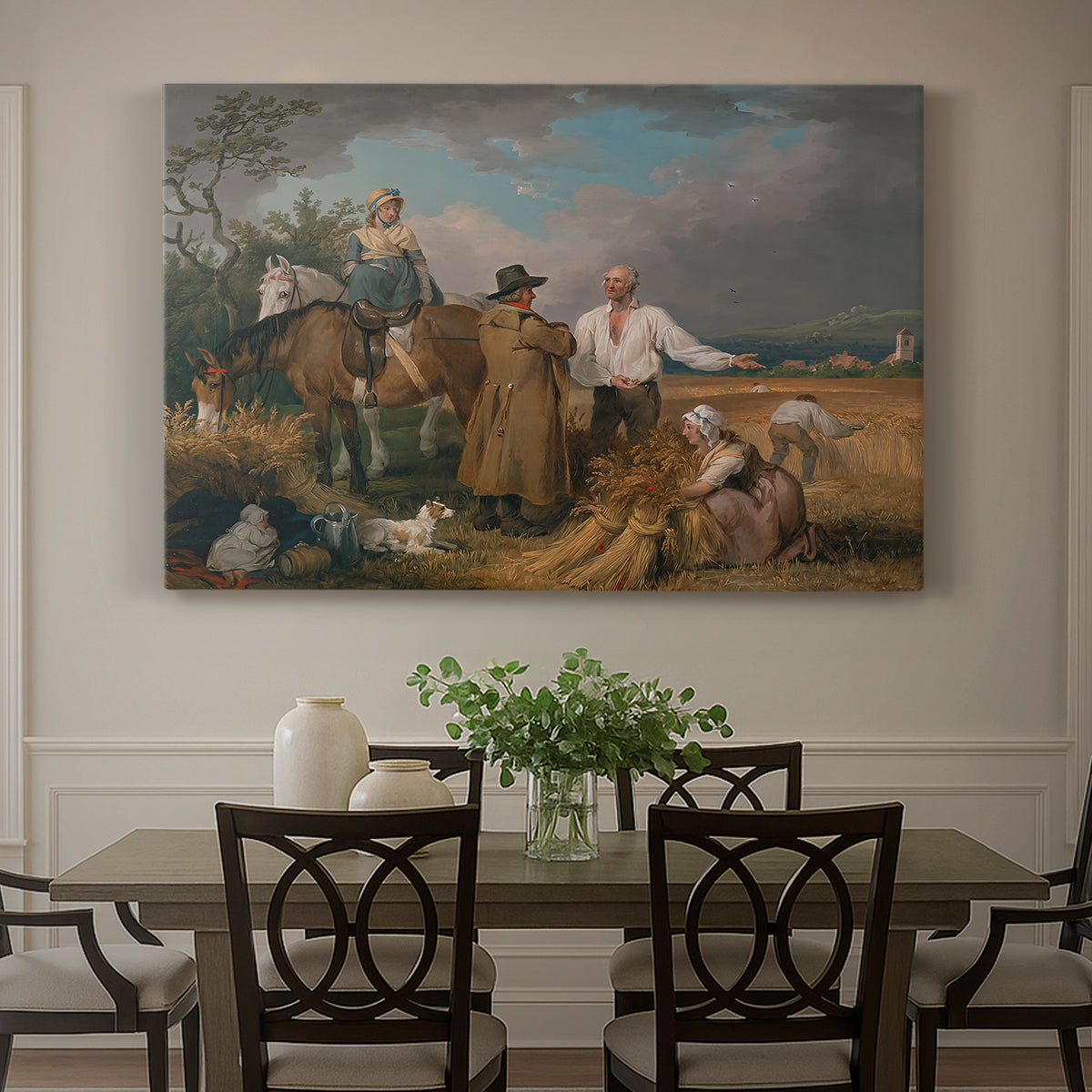 Canvas art print featuring a group of figures harvesting crops in open rural landscape, showcased as a statement wall artwork