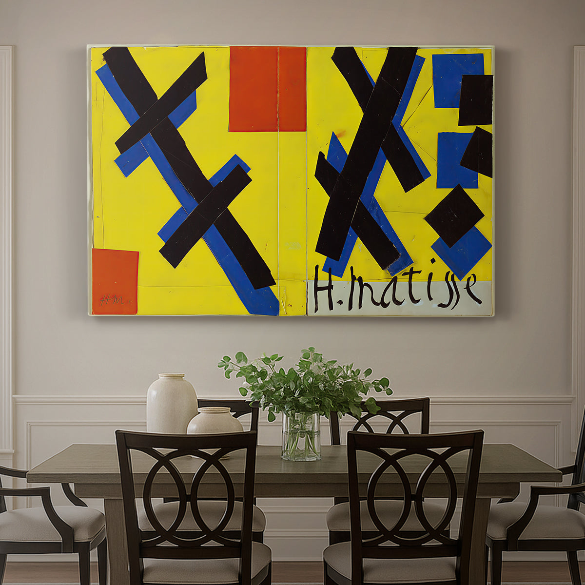 Canvas art print featuring an abstract graphic design with bold shapes and color blocks arranged symmetrically, showcased as a statement wall artwork