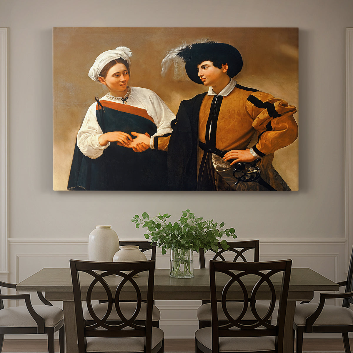 Canvas art print featuring a woman reading man's palm while discreetly removing his ring, showcased as a statement wall artwork