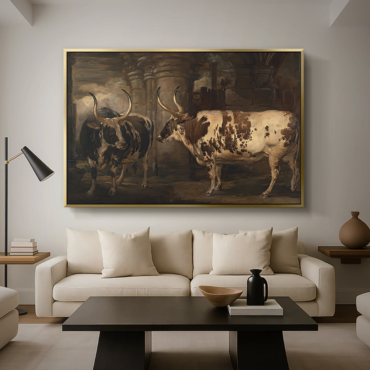 Portraits of Two Extraordinary Oxen, Property of the Earl of Powis, 1814 - Floater Framed Canvas Print