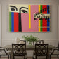 Canvas art print featuring an abstract graphic design with vertical color bands and simplified shapes, showcased as a statement wall artwork