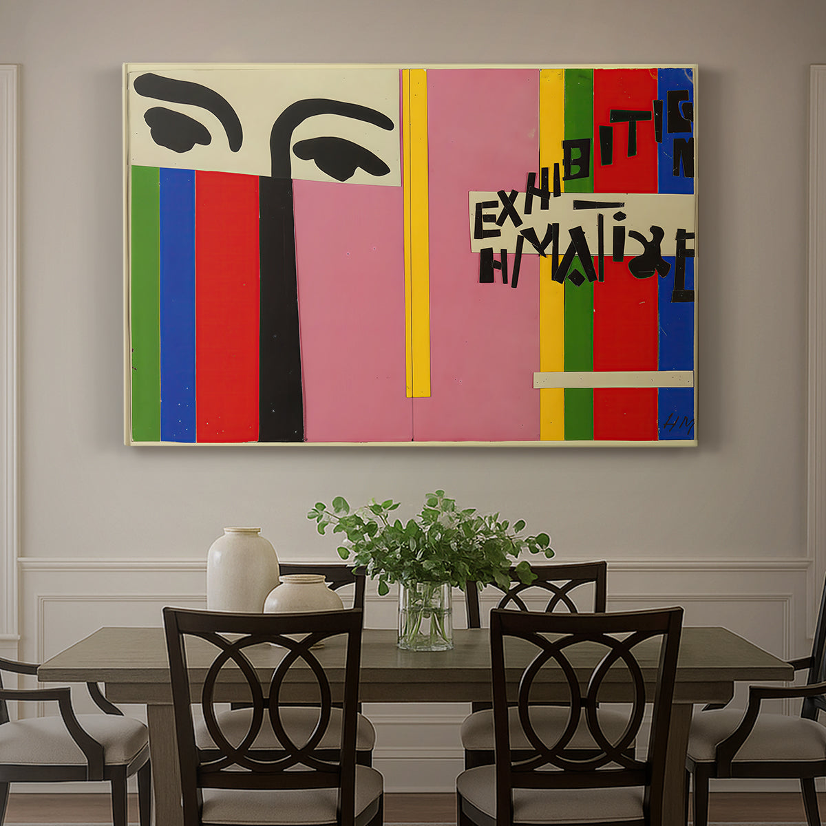 Canvas art print featuring an abstract graphic design with vertical color bands and simplified shapes, showcased as a statement wall artwork