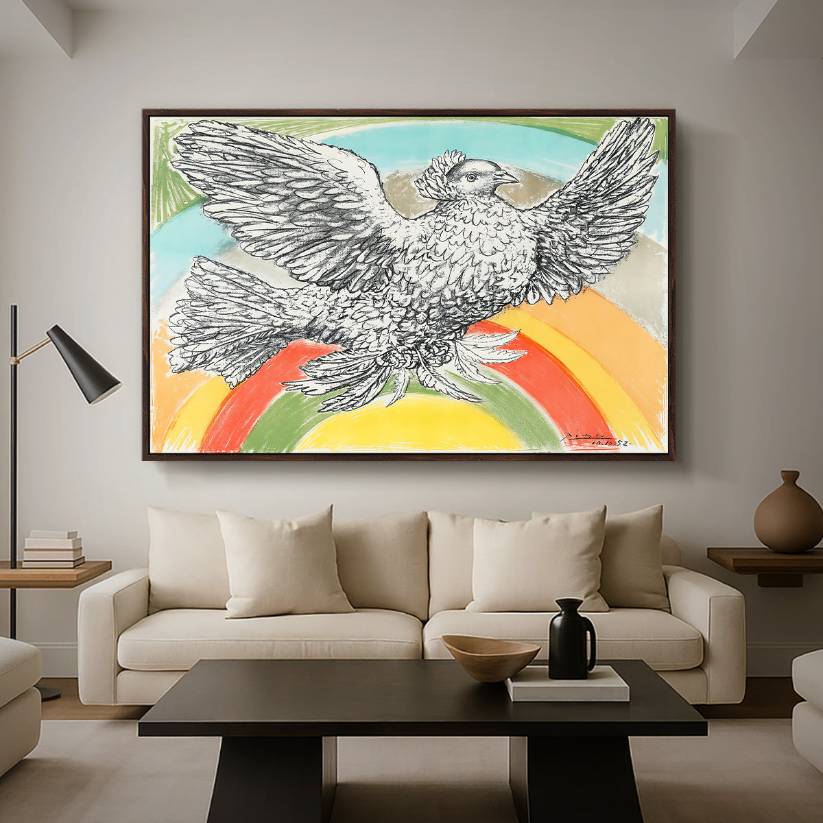 Flying Dove with Rainbow (Colombe volant à l'Arc-en-ciel), 1952 - Floater Framed Canvas Print