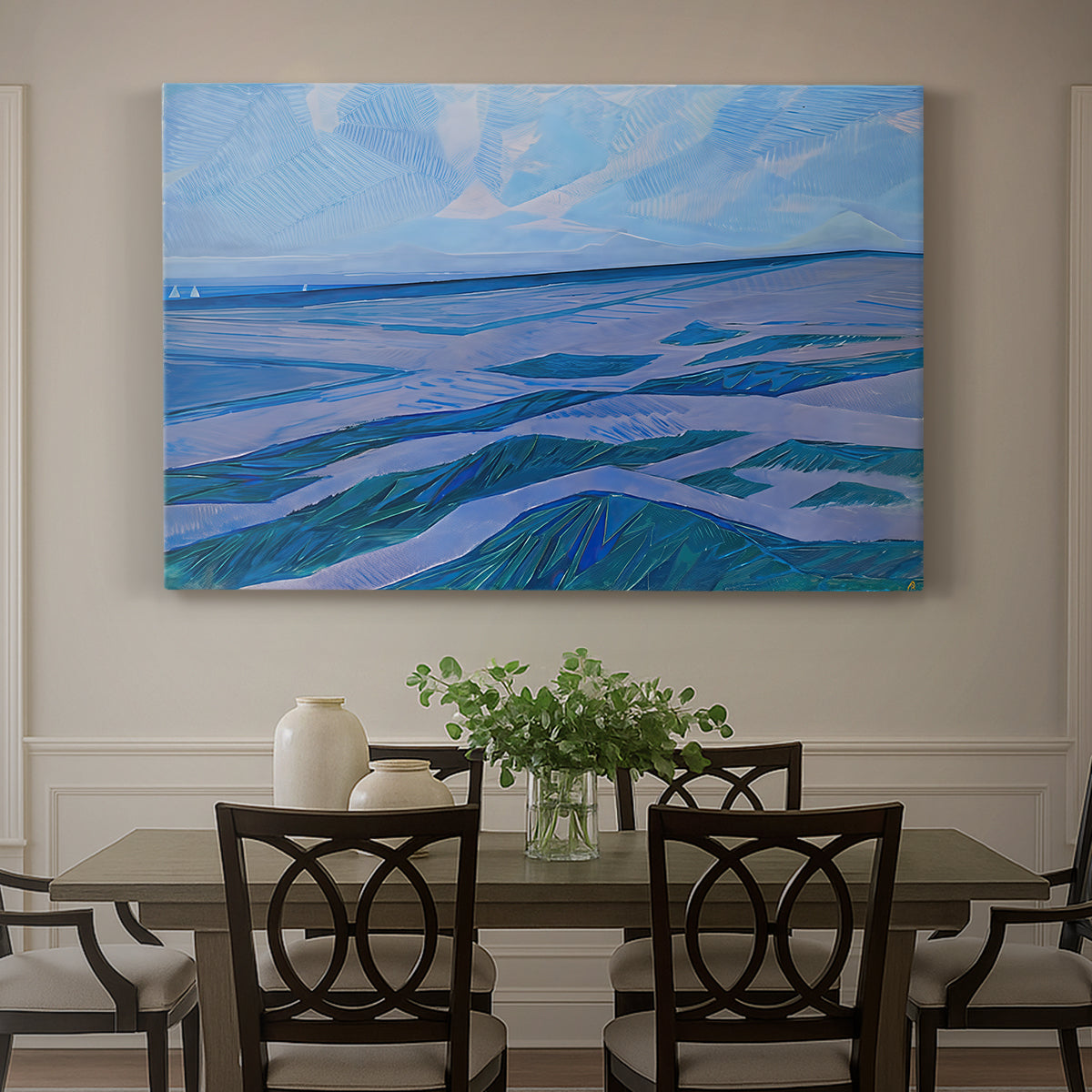 Canvas art print featuring coastal dunes and water in horizontal color bands, showcased as a statement wall artwork