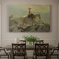 Canvas art print featuring a rider on horseback moving along elevated path with mountain view, showcased as a statement wall artwork