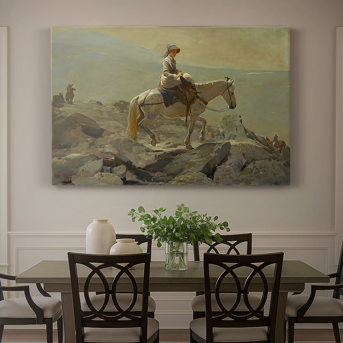 Canvas art print featuring a rider on horseback moving along elevated path with mountain view, showcased as a statement wall artwork