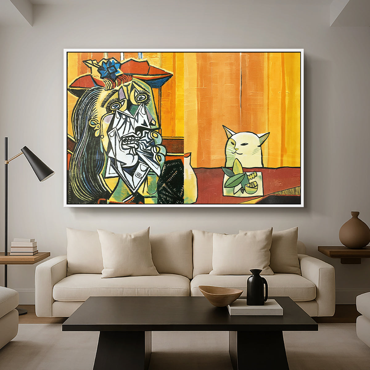 Woman Yelling at a Cat Meme (Picasso Parody) - Floater Framed Canvas Print