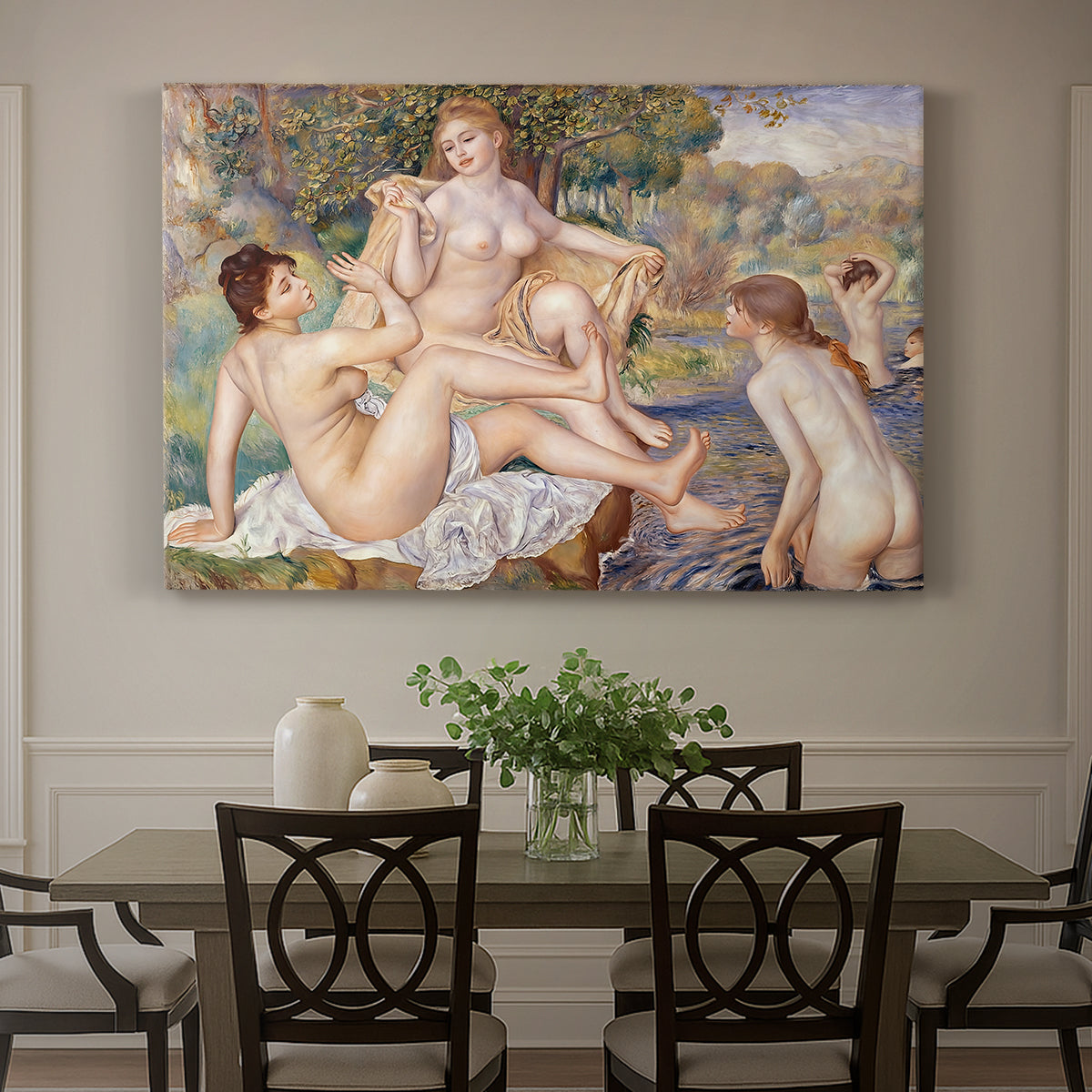 Canvas art print featuring a group of nude women bathing together in a sunlit natural landscape, showcased as a statement wall artwork