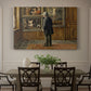 Canvas art print featuring a figure standing indoors closely examining framed artwork on wall, showcased as a statement wall artwork