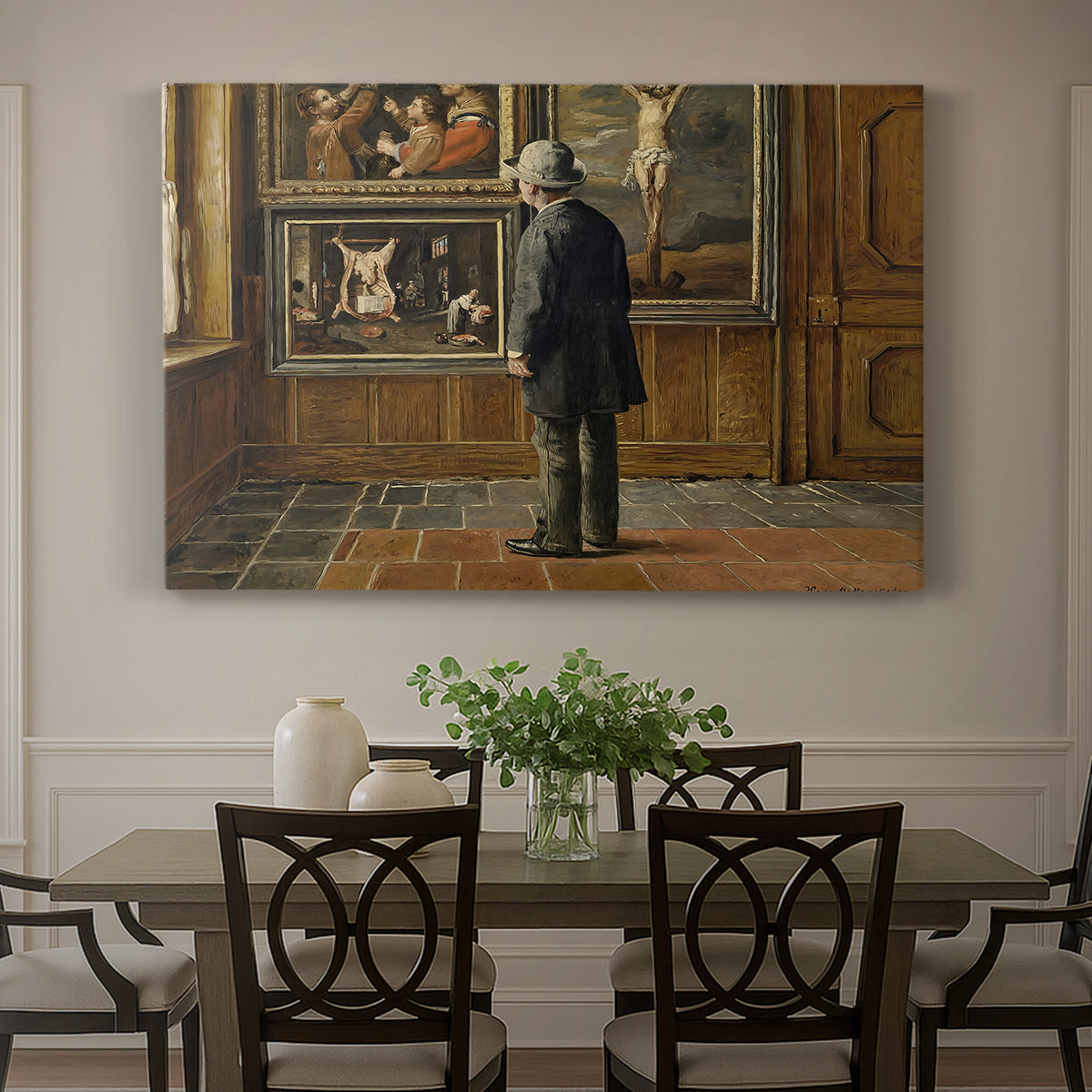 Canvas art print featuring a figure standing indoors closely examining framed artwork on wall, showcased as a statement wall artwork