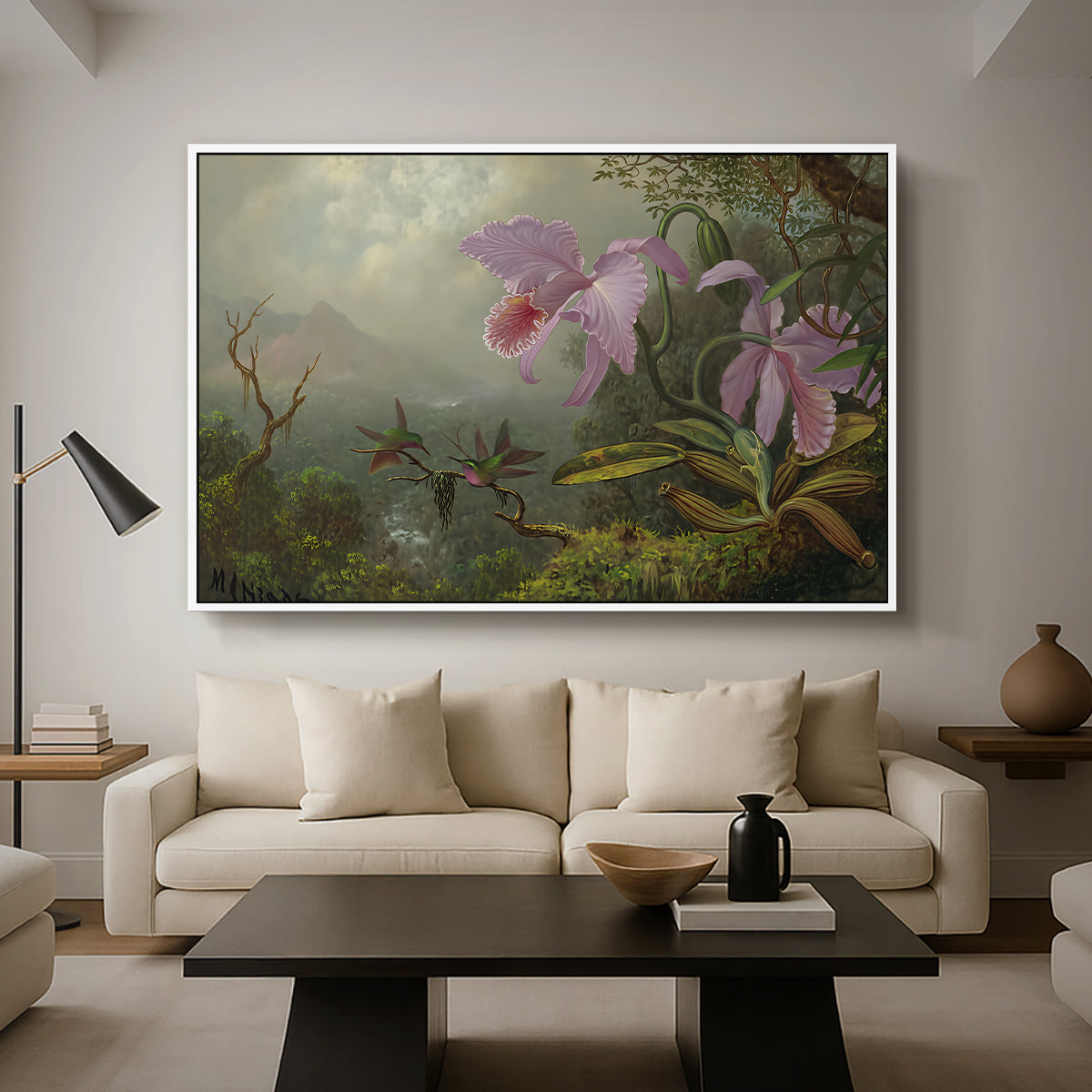 Two Sun Angel Hummingbirds on a Branch, c. 1890-1904 - Floater Framed Canvas Print