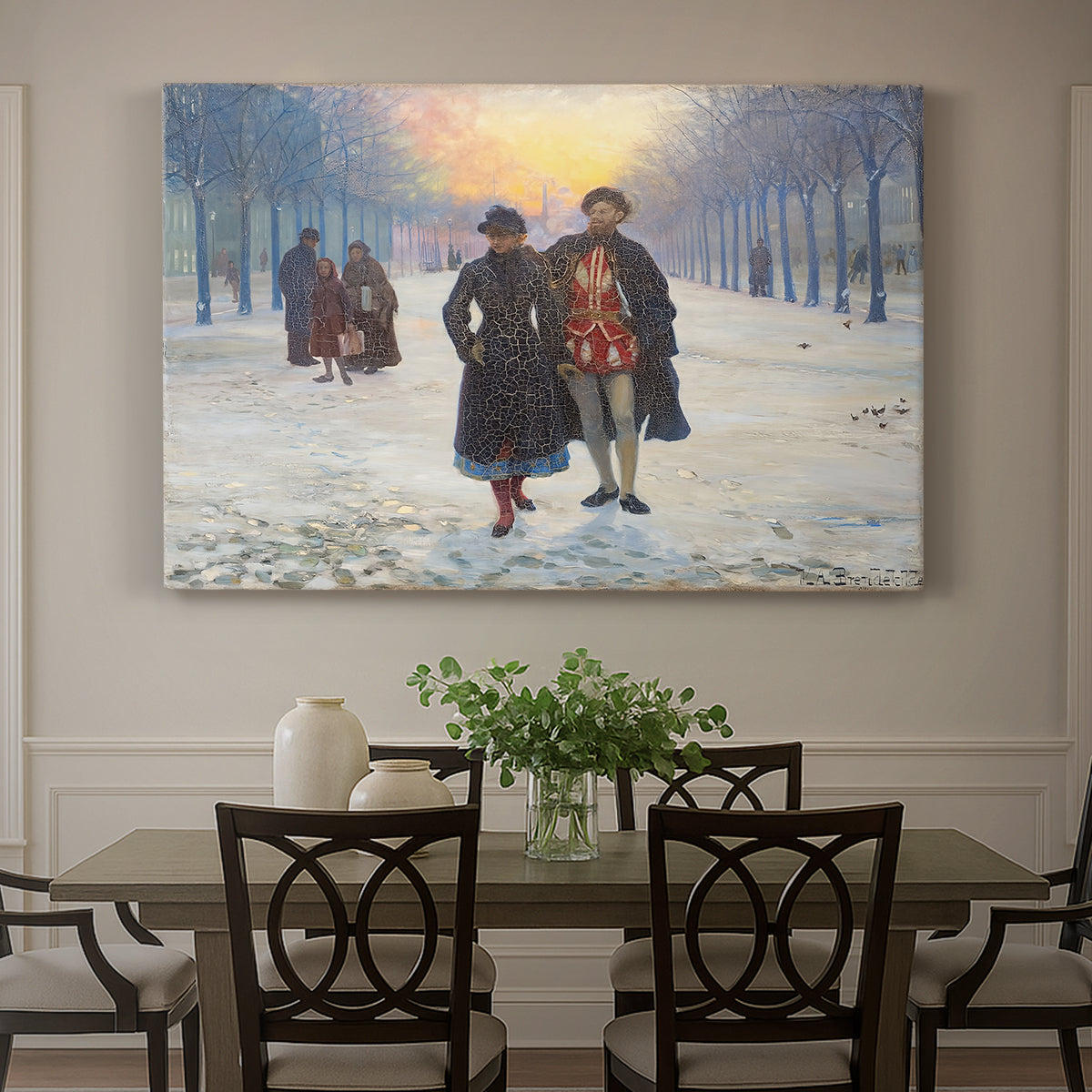 Canvas art print featuring figures walking through snowy street in quiet winter village scene, showcased as a statement wall artwork