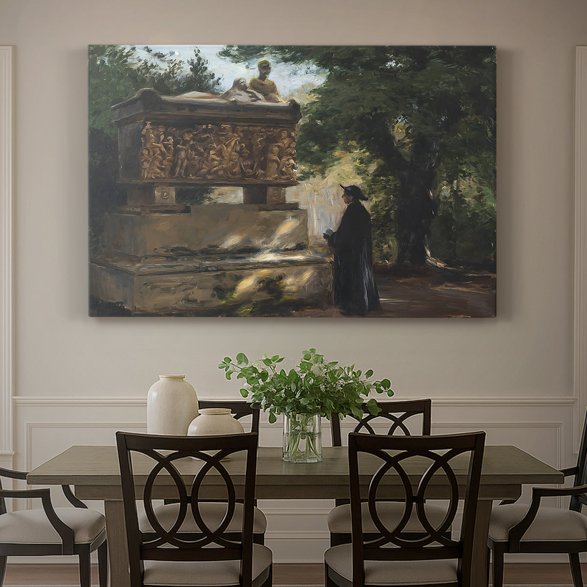 Canvas art print featuring a priest standing beside stone sarcophagus in quiet architectural setting, showcased as a statement wall artwork