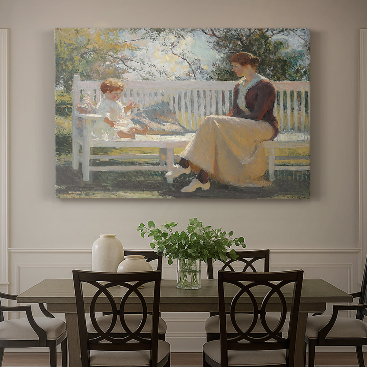 Canvas art print featuring a woman and child seated outdoors in natural light, showcased as a statement wall artwork