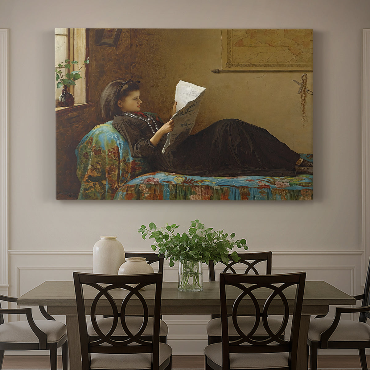 Canvas art print featuring a group of people gathered indoors reading newspaper together, showcased as a statement wall artwork