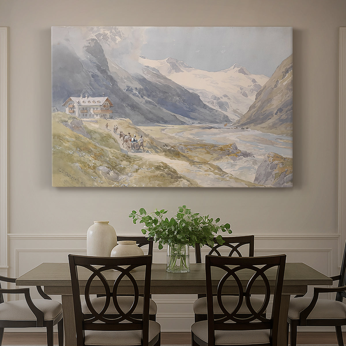 Canvas art print featuring a small group of shepherds in alpine landscape with grazing animals, showcased as a statement wall artwork