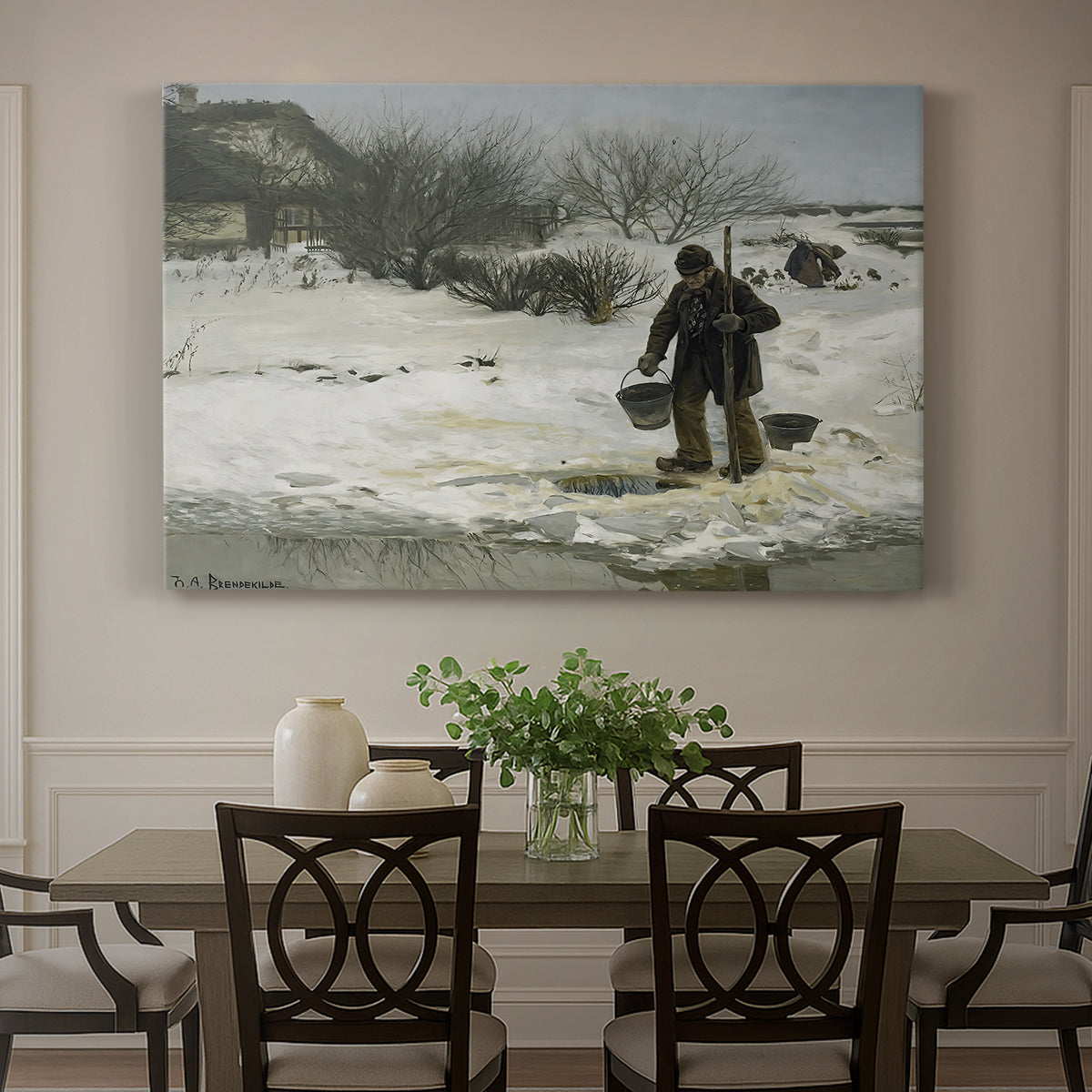 Canvas art print featuring figures walking along snowy path in winter landscape with wind and cold atmosphere, showcased as a statement wall artwork