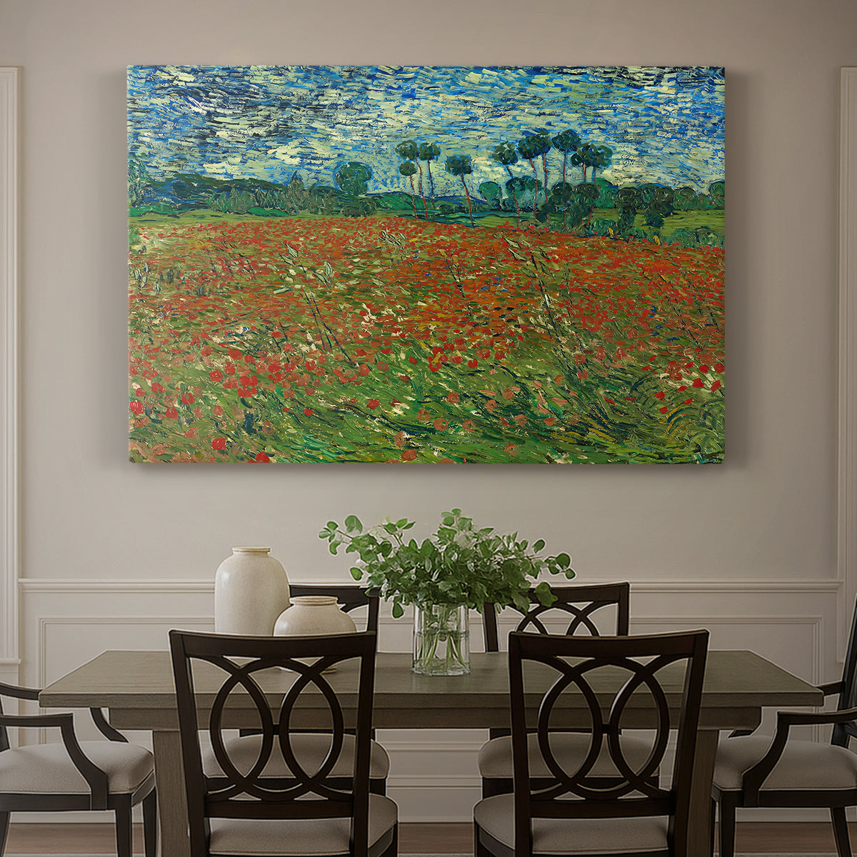 Canvas art print featuring a field dotted with red poppies stretching across green landscape, showcased as a statement wall artwork