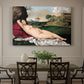 Canvas art print featuring a nude woman reclining asleep in open landscape with soft hills behind, showcased as a statement wall artwork