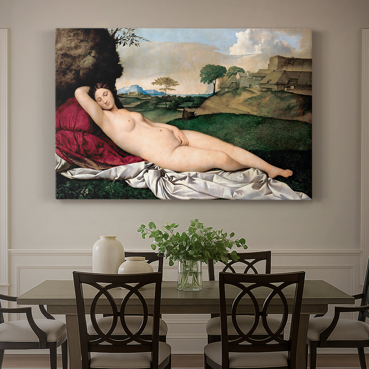 Canvas art print featuring a nude woman reclining asleep in open landscape with soft hills behind, showcased as a statement wall artwork