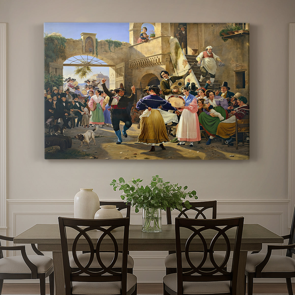 Canvas art print featuring a group of people eating and drinking together in lively tavern setting, showcased as a statement wall artwork