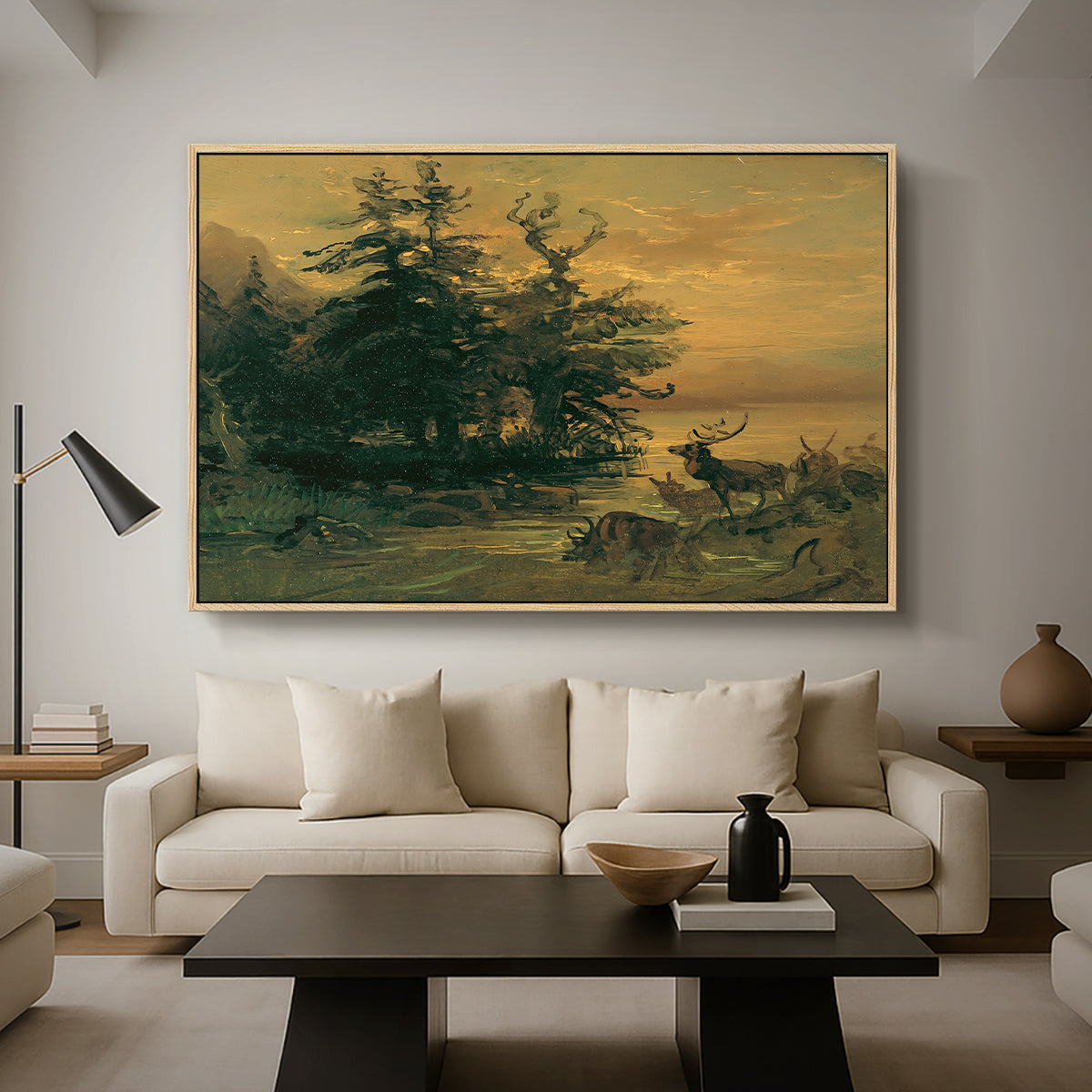 Wallowing Deer on the Shore of a Mountain Lake, c. 1850 - Floater Framed Canvas Print