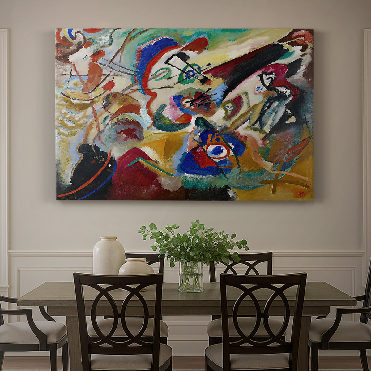 Canvas art print featuring a fragmented abstract study with intersecting lines and layered color elements, showcased as a statement wall artwork