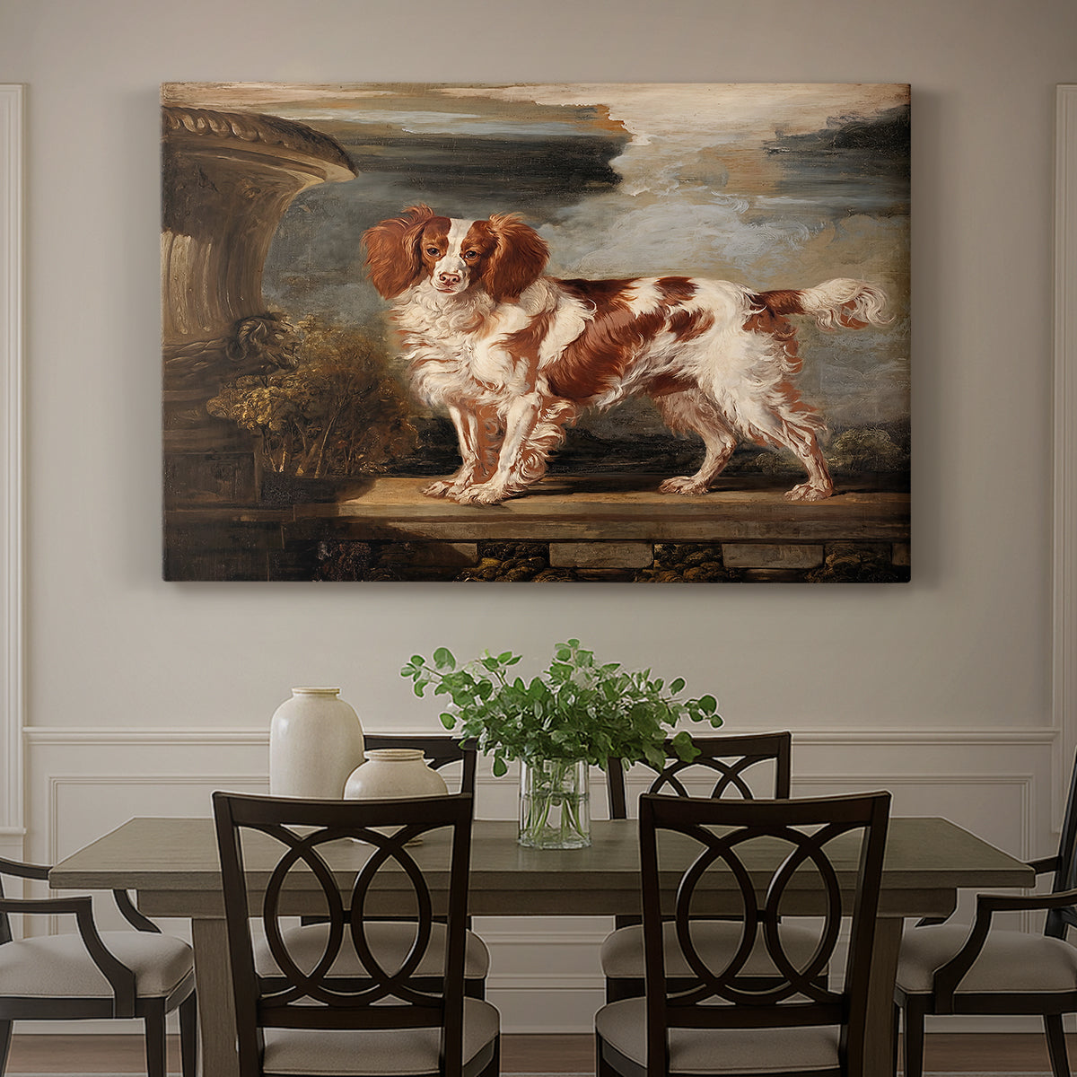 Canvas art print featuring a spaniel dog resting in landscape with attentive expression, showcased as a statement wall artwork