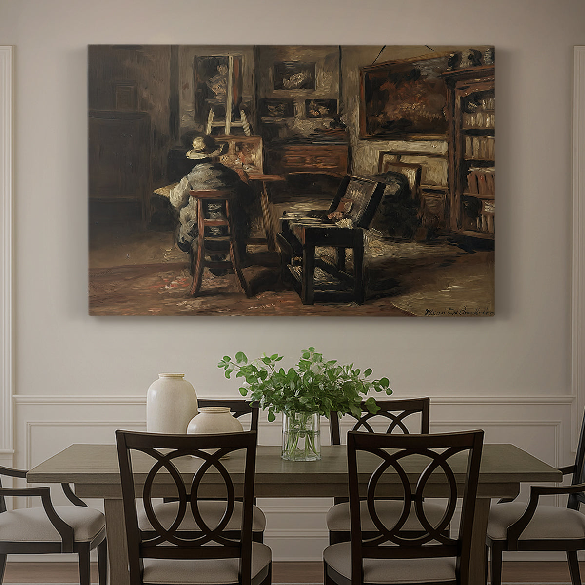 Canvas art print featuring an artist’s studio interior filled with furniture, tools, and paintings under soft light, showcased as a statement wall artwork