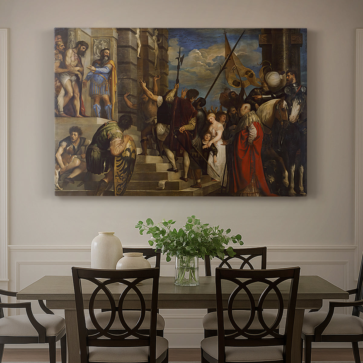 Canvas art print featuring a crowded religious scene with central figure presented before gathered crowd, showcased as a statement wall artwork