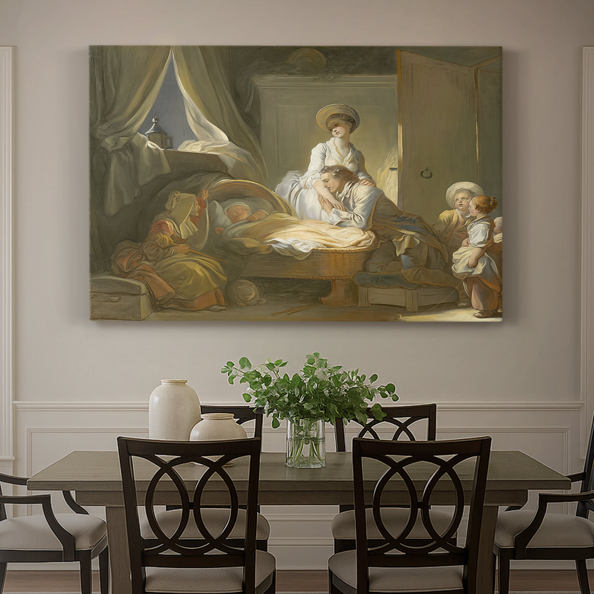 Canvas art print featuring a domestic interior with figures gathered around child in cradle, showcased as a statement wall artwork