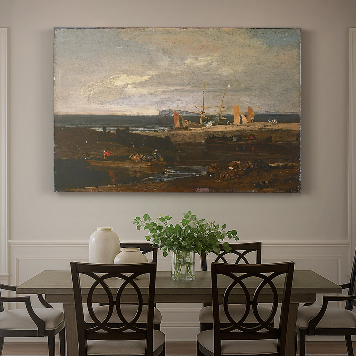 Canvas art print featuring a coastal view with ships and shoreline under sky, showcased as a statement wall artwork