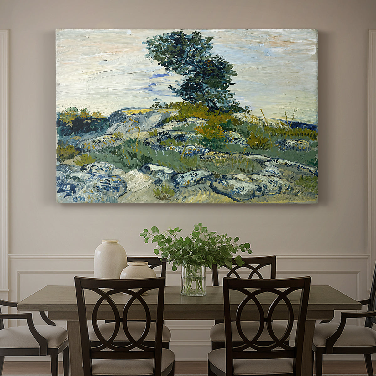 Canvas art print featuring a rocky terrain with natural formations and sparse vegetation under sky, showcased as a statement wall artwork